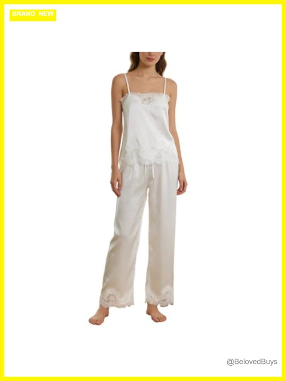 Lace Trim Pajama Set Ruffle Babydoll Cami Top Wide Leg Pants Silk Satin 2 Piece
